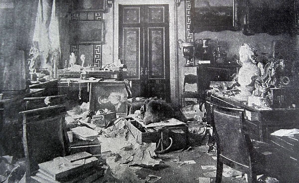 The demolished study of Tsar Nicholas II at the Winter Palace, 1917