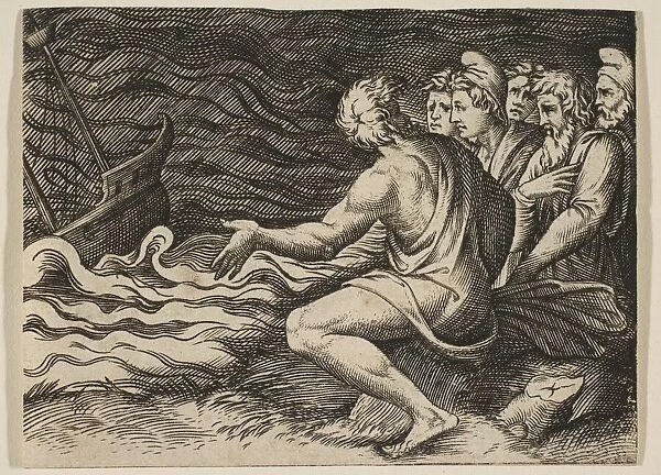A group of figures at right witnessing a shipwreck, ca. 1515-27. Creator: Marco Dente