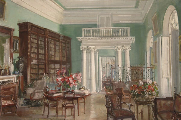 Interior of the Library in the Golitsyn Nikolo-Uryupino Estate, 1910. Artist: Sredin, Alexander Valentinovich (1872-1934)