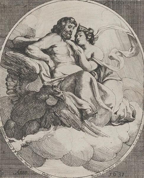 Jupiter and Juno seated on clouds, with an eagle holding thunderbolts below at left, 1631