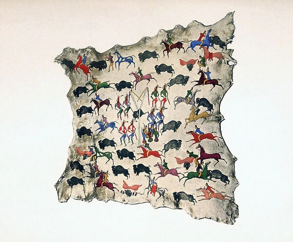 Moose skin by North American Shoshone Indian, showing Buffalo hunt, 20th century. Artist: Katsikodi