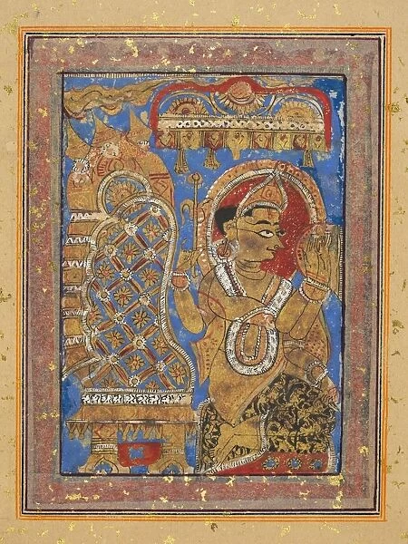 Page from a Kalpa-sutra: Indra paying homage to Mahavira, early 16th century. Creator: Unknown