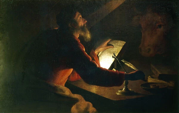 St Luke the Evangelist writing his Gospel watched by his symbol, an ox, 17th century