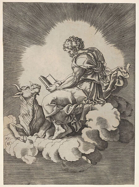 St. Luke, seated on a cloud with an open book in both hands, a bull lying at his fee