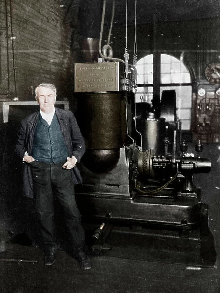 Thomas Alva Edison, American inventor, with his first dynamo for producing electric light, 1880s