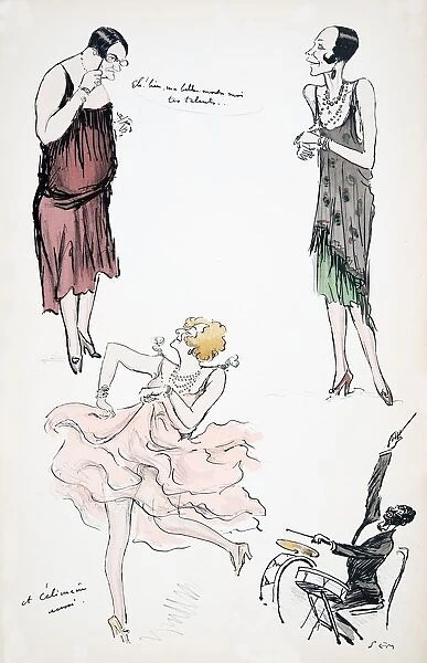 Two transvestites in discussion while a further dances to a musician on the drums