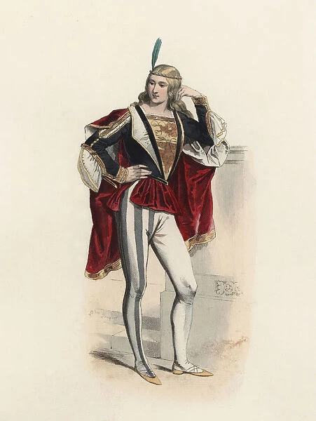 Venetian Noble from the Middle Ages, color engraving 1870