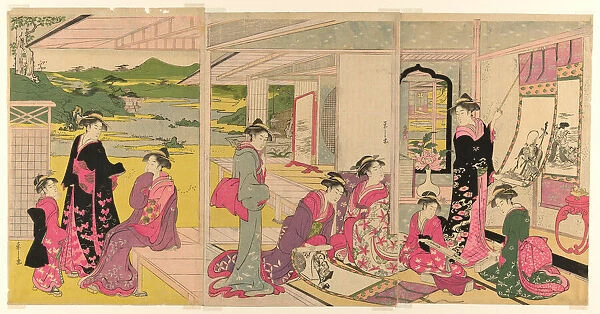 Women Viewing Scroll Paintings of the Gods of Good Fortune, late 18th-early 19th century. Creator: Hosoda Eishi