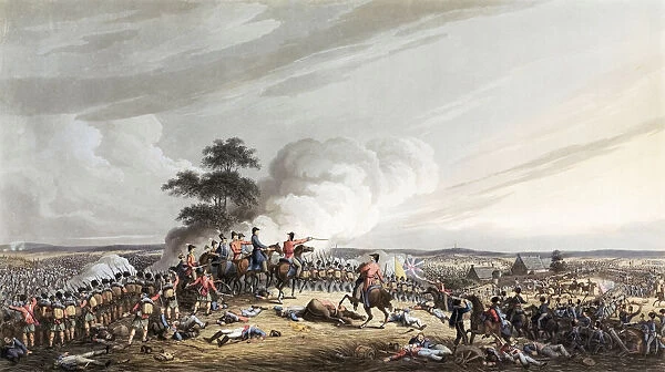 The Battle of Waterloo, June 18, 1815. The Duke of Wellington looks down over Hougoumont farm. After an anonymous artist. Published in London, 1816