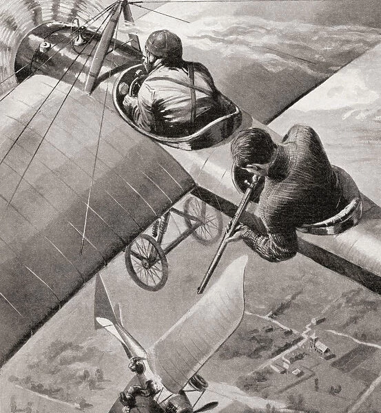 A British Monoplane Versus An Etrich-Rumpler Taube German Monoplane During Wwi. From The War Illustrated Album Deluxe, Published 1915