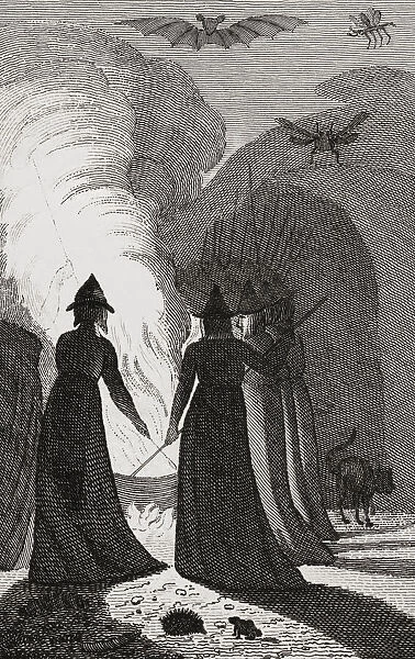 A coven of witches around a cauldron. Witches were said to prepare their secret potions in a cauldron. After a 19th century illustration an 1807 edition of Charles Lambs Tales From Shakespeare Designed For The Use of Young Persons
