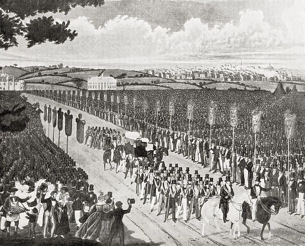 Demonstration at Copenhagen Fields, London, England 21 April 1834 in protest against the deportation of the Tolpuddle Martyrs. The Tolpuddle Martyrs, a group of 19th-century Dorset agricultural labourers who were arrested for and convicted of swearing a secret oath as members of the Friendly Society of Agricultural Labourers, they were sentenced to penal transportation to Australia and Tasmania. From The Martyrs of Tolpuddle, published 1934