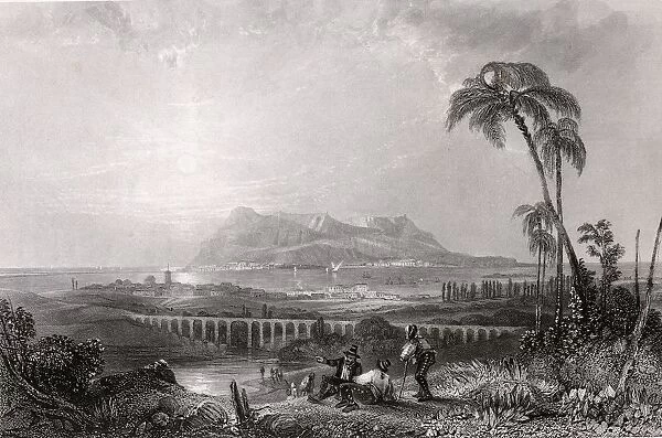 Gibraltar Seen From Algeciras. 19Th Century Print Drawn From Nature By Lieutenant H. E. Allen (Royal Engineers). Engraved By C. Bentley