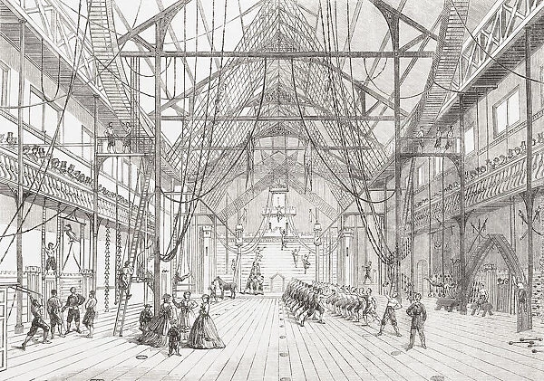 Interior of the new gymnasium in Myrtle Street, Liverpool, England, opened in 1865 by John Hulley. From The Illustrated London News, published 1865