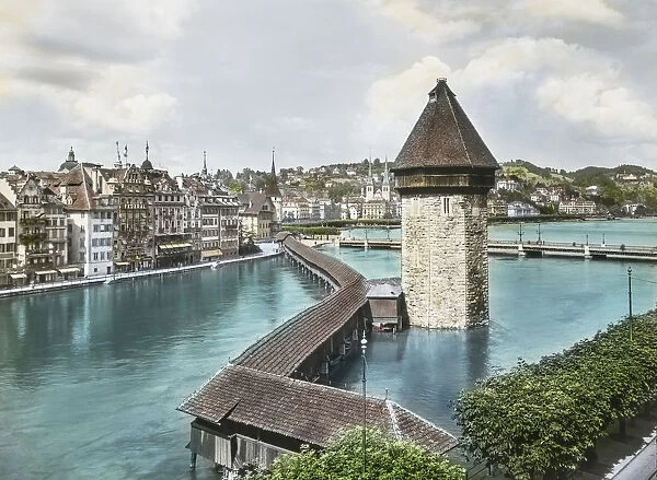 Lucerne Temple Bridge Switzerland. Hand Coloured Magic Lantern Slide Circa 1900