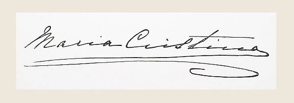 Signature of Maria Christina Henriette Desideria Felicitas Raineria of Austria, aka Maria Christina of Austria, 1858 - 1929. Queen of Spain as the second wife of King Alfonso XII. From La Ilustracion Artistica, published 1887