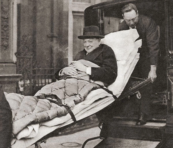 Sir Winston Churchill, seen here in 1932 being taken to his London flat after suffering an attack of Paratyphoid. Sir Winston Leonard Spencer-Churchill, 1874 - 1965. British politician, army officer, writer and twice Prime Minister of the United Kingdom