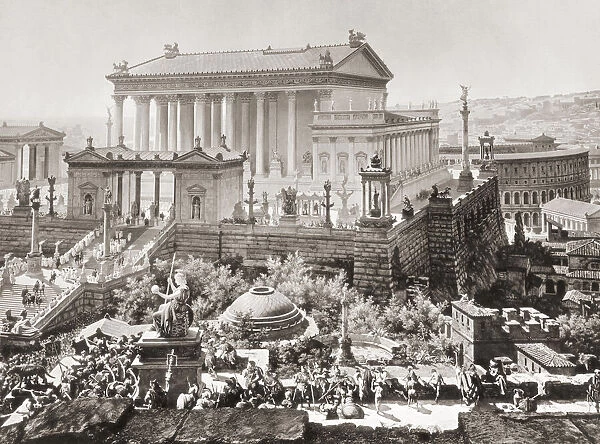 The Temple of Jupiter Optimus Maximus and behind, on the right, the Theatre of Marcellus as they may have appeared in Rome in 312 AD. After a section of a panoramic painting of Rome created by Professor J. Buhlmann and Alexander Wagner and published in leporello, or fold-out, book form in Munich, 1892, titled Das Alte Rom mit dem Triumphzuge Kaiser Constantins im Jahre 312