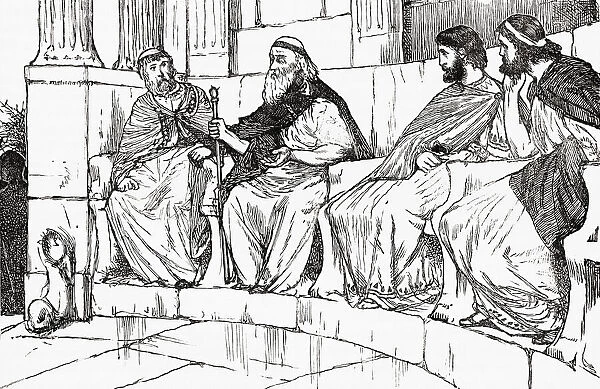 Timoleon in the Syracusan assembly. Timoleon, son of Timodemus, of Corinth c. 411-337 BC. Greek statesman who reformed Syracuse and after retirement, although blind, was carried to the assembly for his opinion. From Cassells Universal History, published 1888
