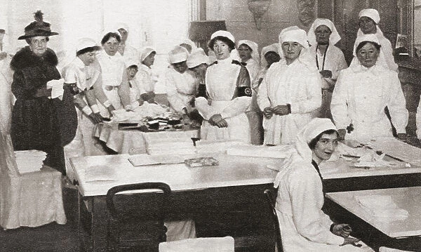 Women volunteers making bandages and crutches during WWI. From The Pageant of the Century, published 1934