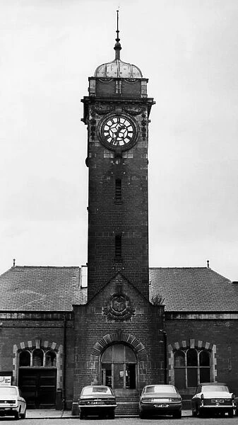 The clock tower at Whitley Bay Railway Station on 4th August 1977