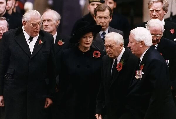 Margaret Thatcher with 3 other ex-premiers on Remembrance Sunday paying respects at