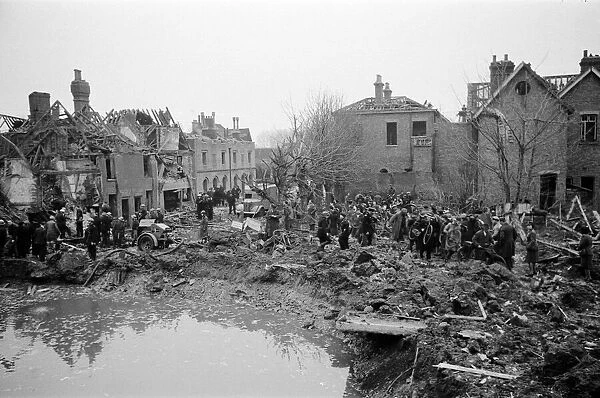 V2 Rocket incident at Waltham Abbey. Fractured water and gas mains 7th March 1945