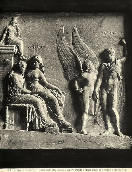 Bas-relief representing Helen, Venus, Paris and Cupid in front of the simulacrum of the Goddess Pilum (Seduction of Helen), copy of the original Attic of the IV century B.C. preserved in the National Archaelogical Museum in Naples