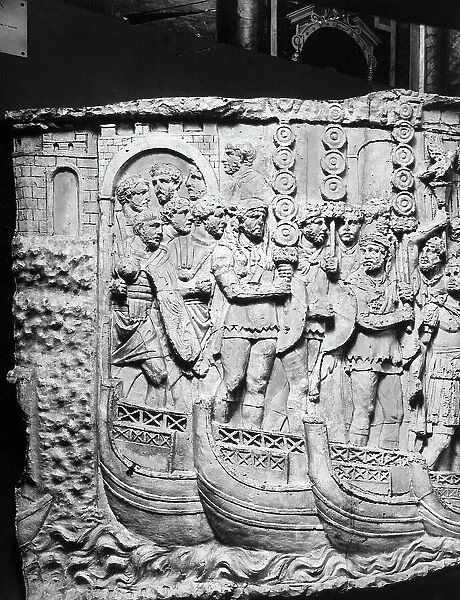 Beginning of the third military campaign against the Dacians with the Roman army crossing a bridge over the Danube; plaster mold of the Trajan Column commissioned by Napoleon III in 1860. Now at the Museo della Civilt Romana, Rome