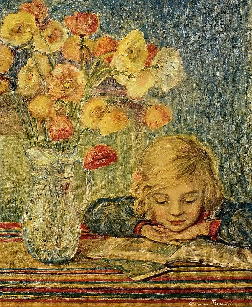 Little girl and flowers, painting, Leonardo Pizzanelli, Private collection
