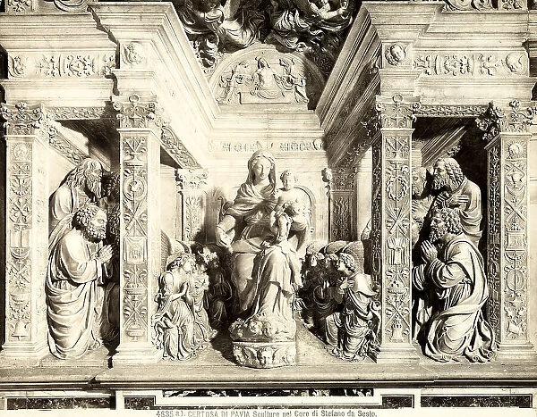 A sculpture group portraying the Madonna with the Child and saints, detail of the sacrarium with the Ascension, work by Biagio da Vairone and Stefano da Sesto, collocated in the Carthusian Monastery of Pavia