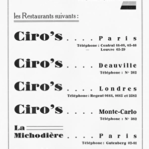 Advert for Ciros restaurant chain, 1930