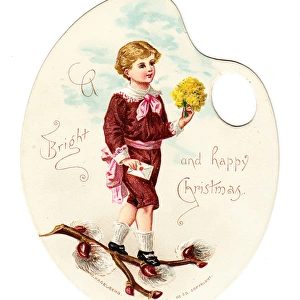 Boy with flowers on a palette-shaped Christmas card