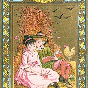 Boy and girl with corn sheaves on a romantic greetings card