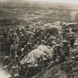 British soldiers with tank at Flers-Courcelette, WW1