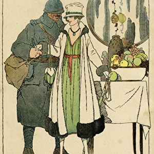 Cartoon, Soldier and godmother with fruit, WW1