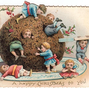 Children with large pudding on a Christmas card
