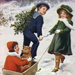 Children taking teddy for a ride across the snow