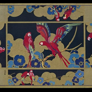 Chocolate box design, red parrots