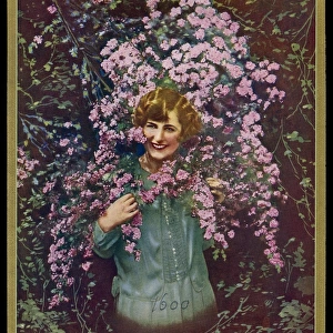 Chocolate box design, woman with pink flowers