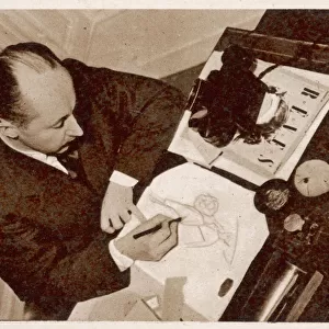 Christian Dior sketching a fashion design, 1948