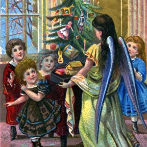 Christmas card, Victorian children with angel and tree