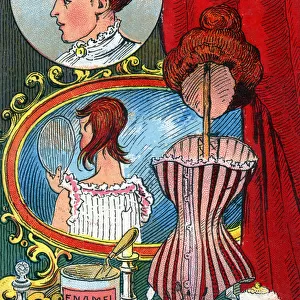 Comic Postcard - Improvements on Nature - Hair and Make-up (rouge, enamel, violet powder, a corset and a wig) - everything needed to transform ones appearance Date: 1910