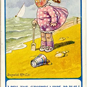 Comic postcard, Little girl at the seaside on a windy day Date: 20th century
