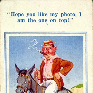 Comic postcard, Man with donkey on the beach Date: 20th century
