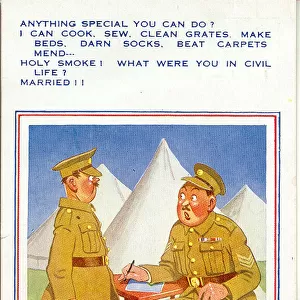 Comic postcard, Soldier in the British Army, WW2 - giving the sergeant a list of his