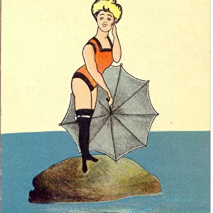 Comic postcard, Woman standing on a rock in the sea Date: early 20th century