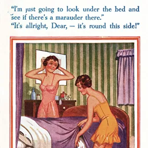 Comic postcard, Two young women in bedroom