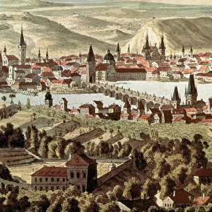 Czech Republic. Prague. Engraving. 18th century. Colored