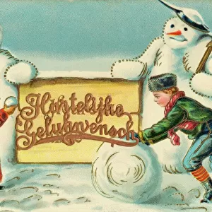 Two Dutch children with two snowmen
